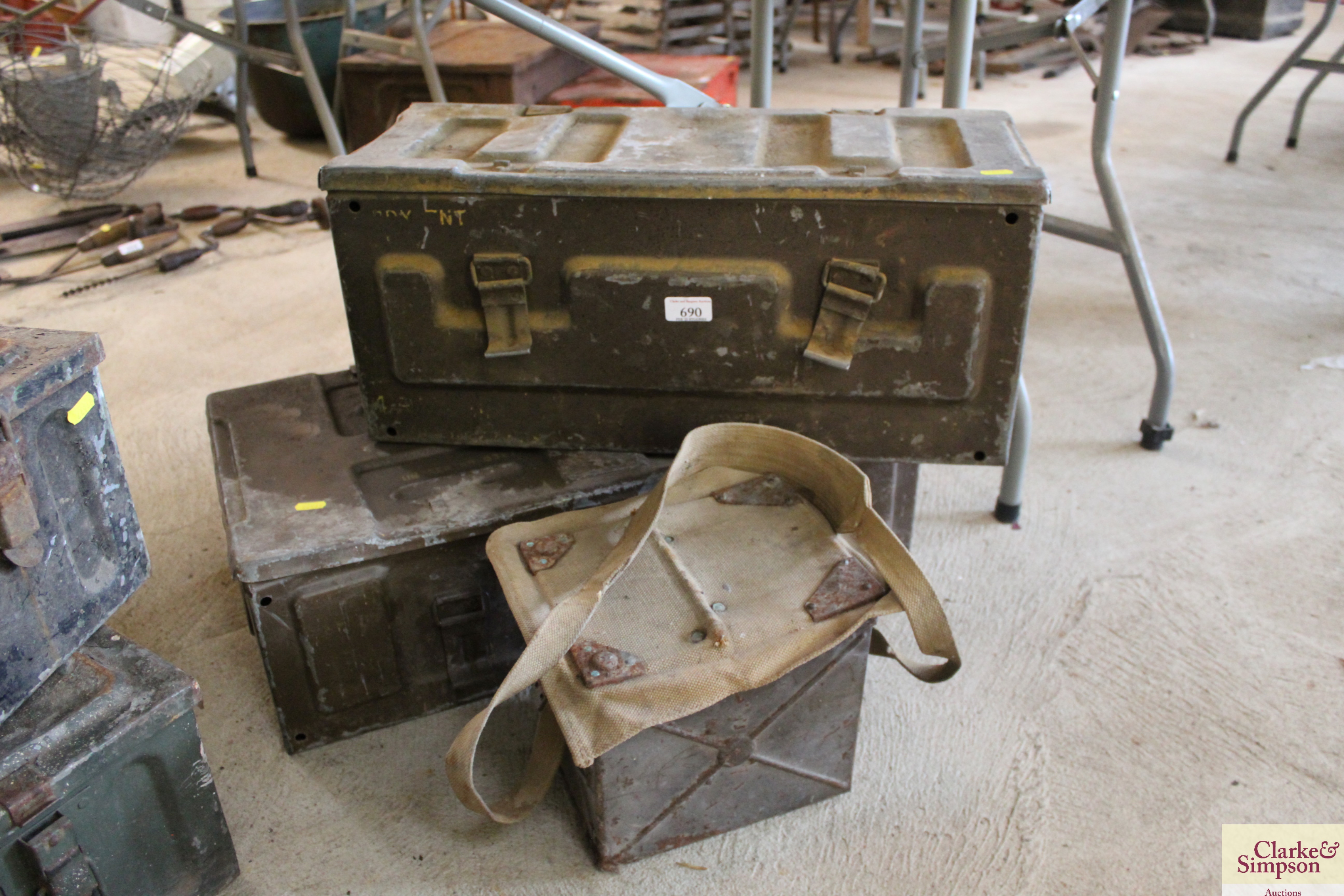 Two vintage ammunition boxes and a small metal and