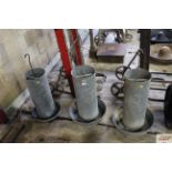 Three galvanised circular hanging poultry feeders