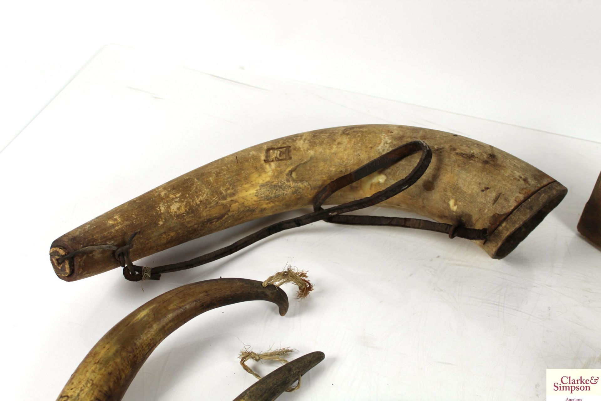 A group of five 19th Century drenching horns, two with braided initials E.J., a jack plane, a sack - Image 2 of 6