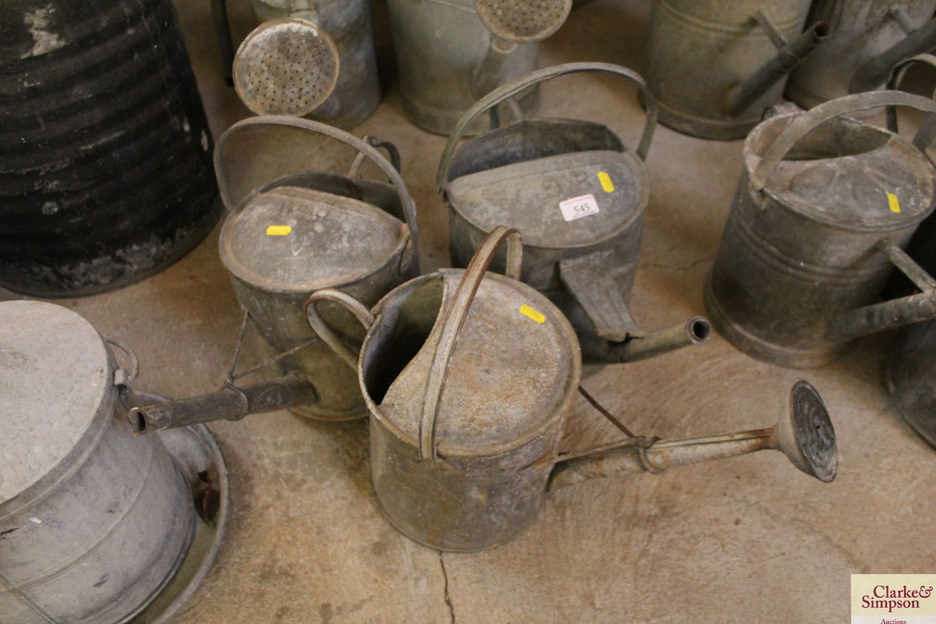 Three galvanised watering cans, one with rose