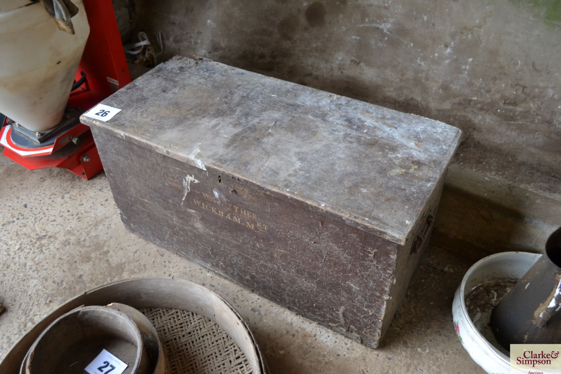 Wooden trunk to W Lowther of Wickham Market. V