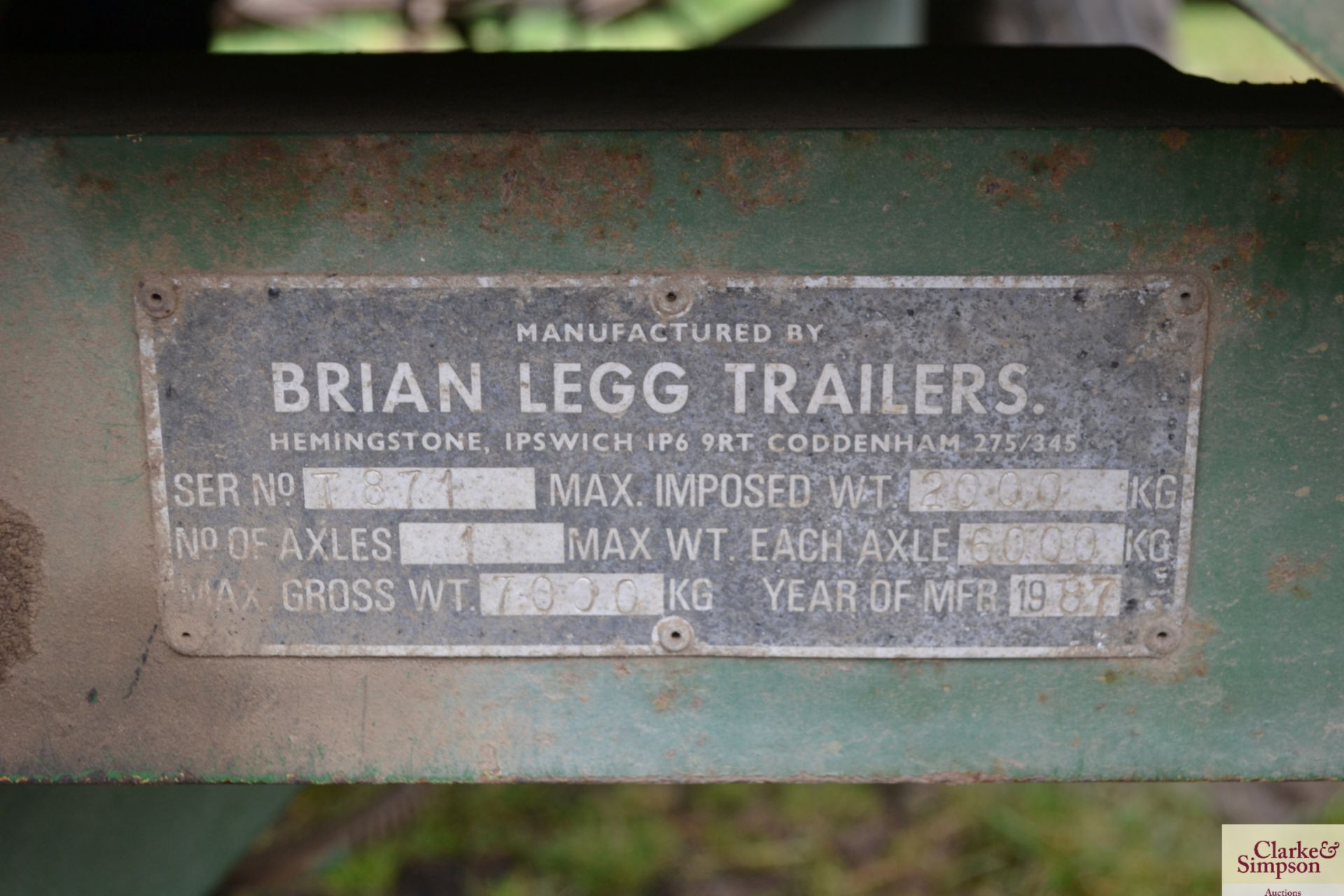 Brian Legg 7T single axle tipping trailer. Serial number T871. 1987. With hydraulic tailgate. V - Image 20 of 20