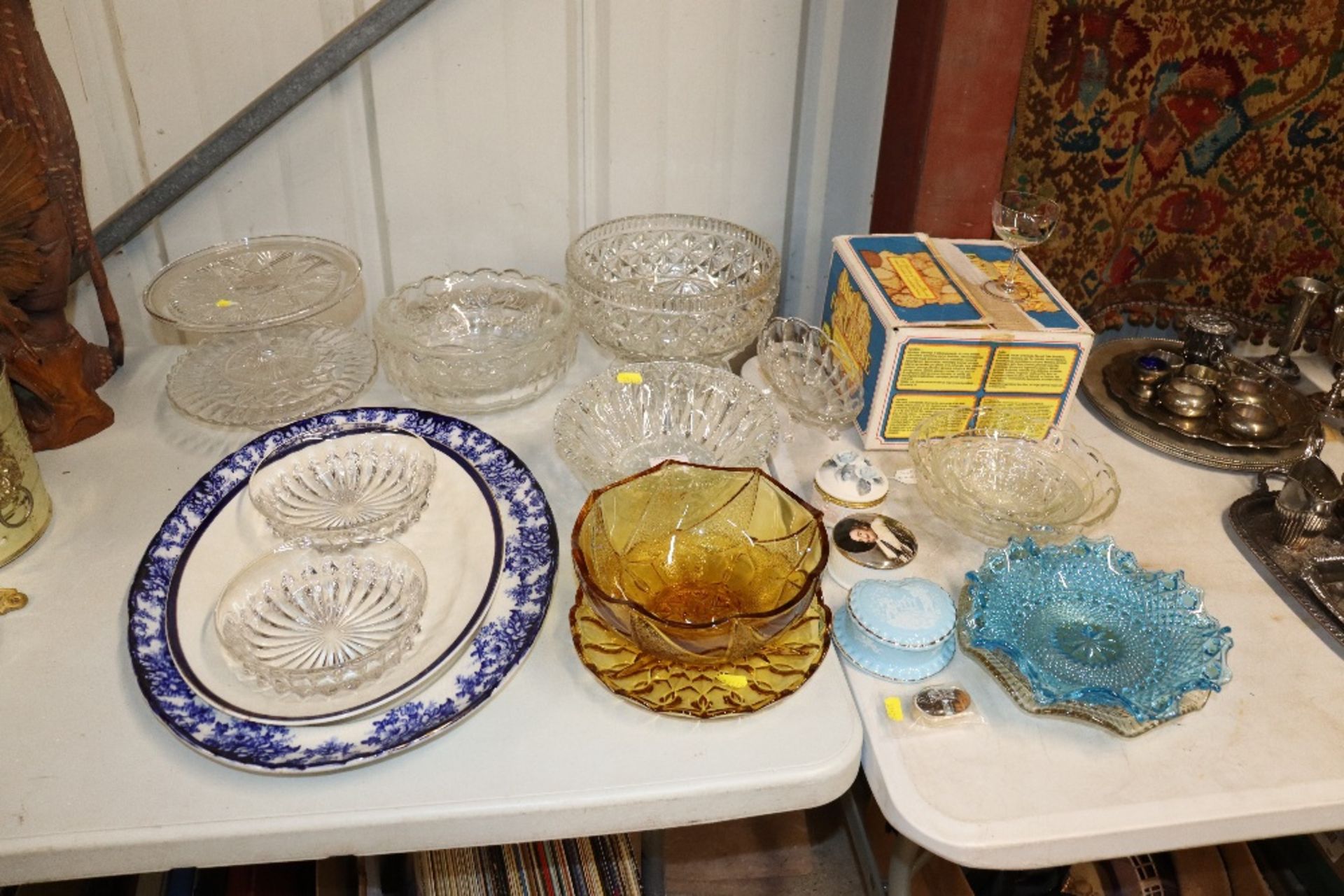 A quantity of various glassware, a blue and white