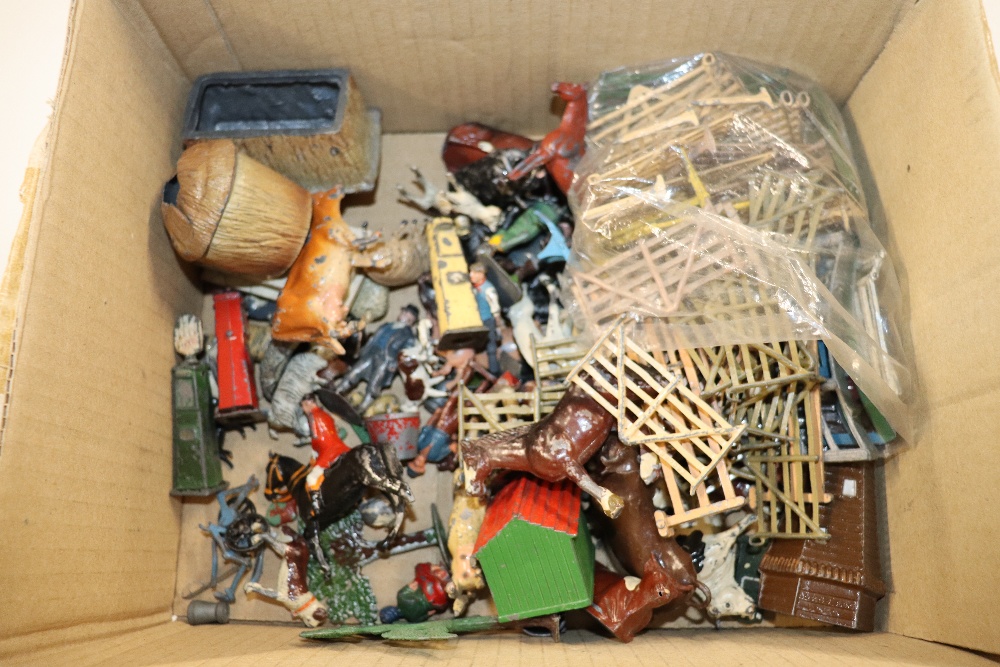 A box containing model cart horses and various far - Image 2 of 9