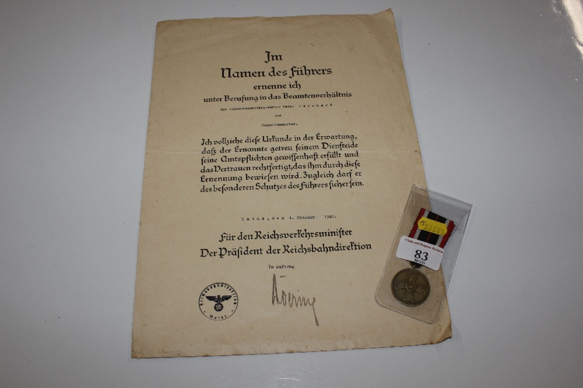 A German award document with medal to Dr. Peter Re