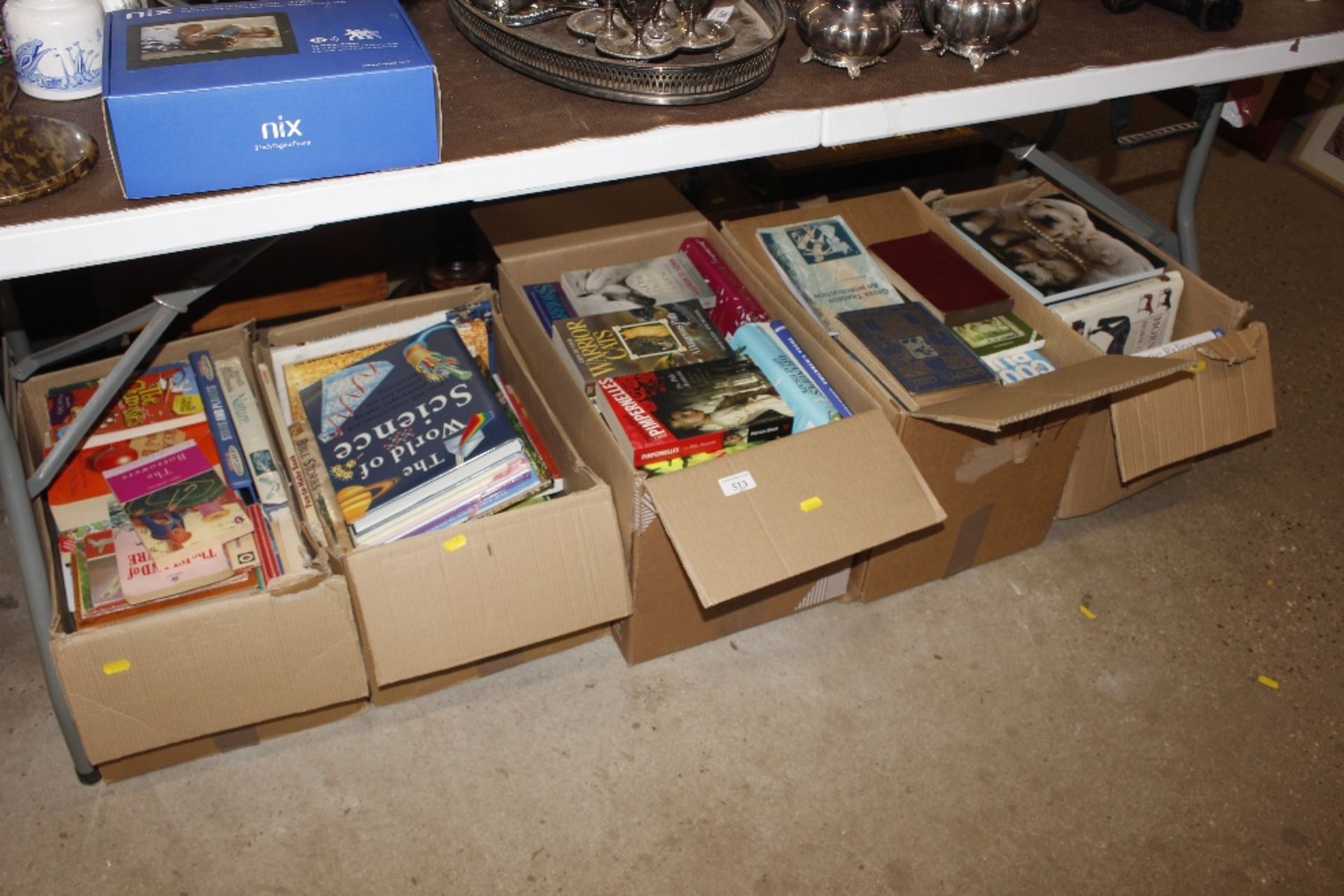 Five boxes of various books