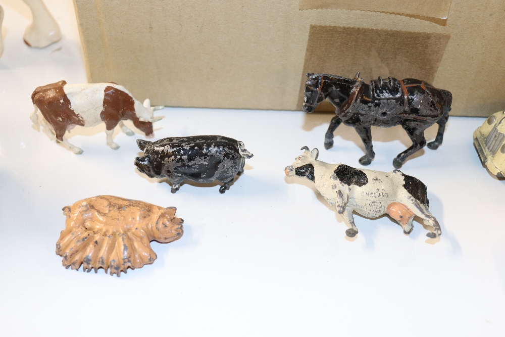 A box containing model cart horses and various far - Image 4 of 9