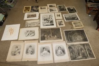 A box of various black and white engravings