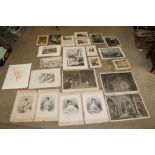 A box of various black and white engravings