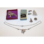 A silver and marcasite brooch, and other silver an