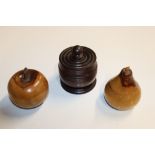 A hardwood tobacco jar and cover; and two carved w