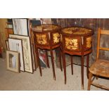 A pair of oval inlaid bedside tables fitted three