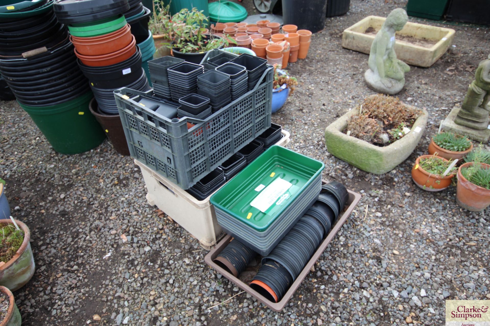 A large quantity of seed trays and plastic flower