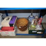 Two boxes containing filing boxes; wicker basket;