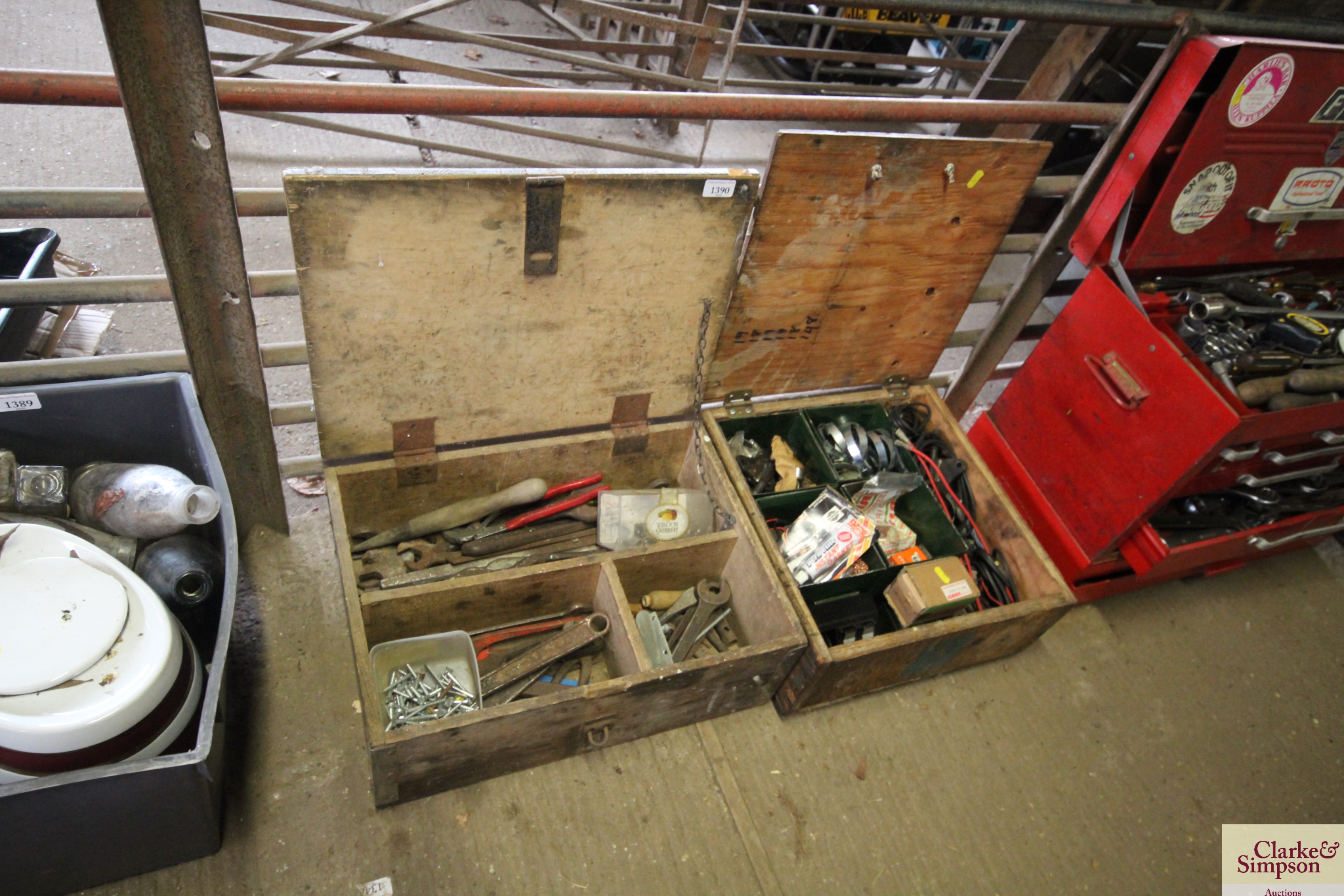 Two wooden boxes of various tools to include spann