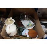 A box containing storage jars; Pyrex jug; mug tree