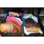 Two boxes containing clothes; hats; bags etc