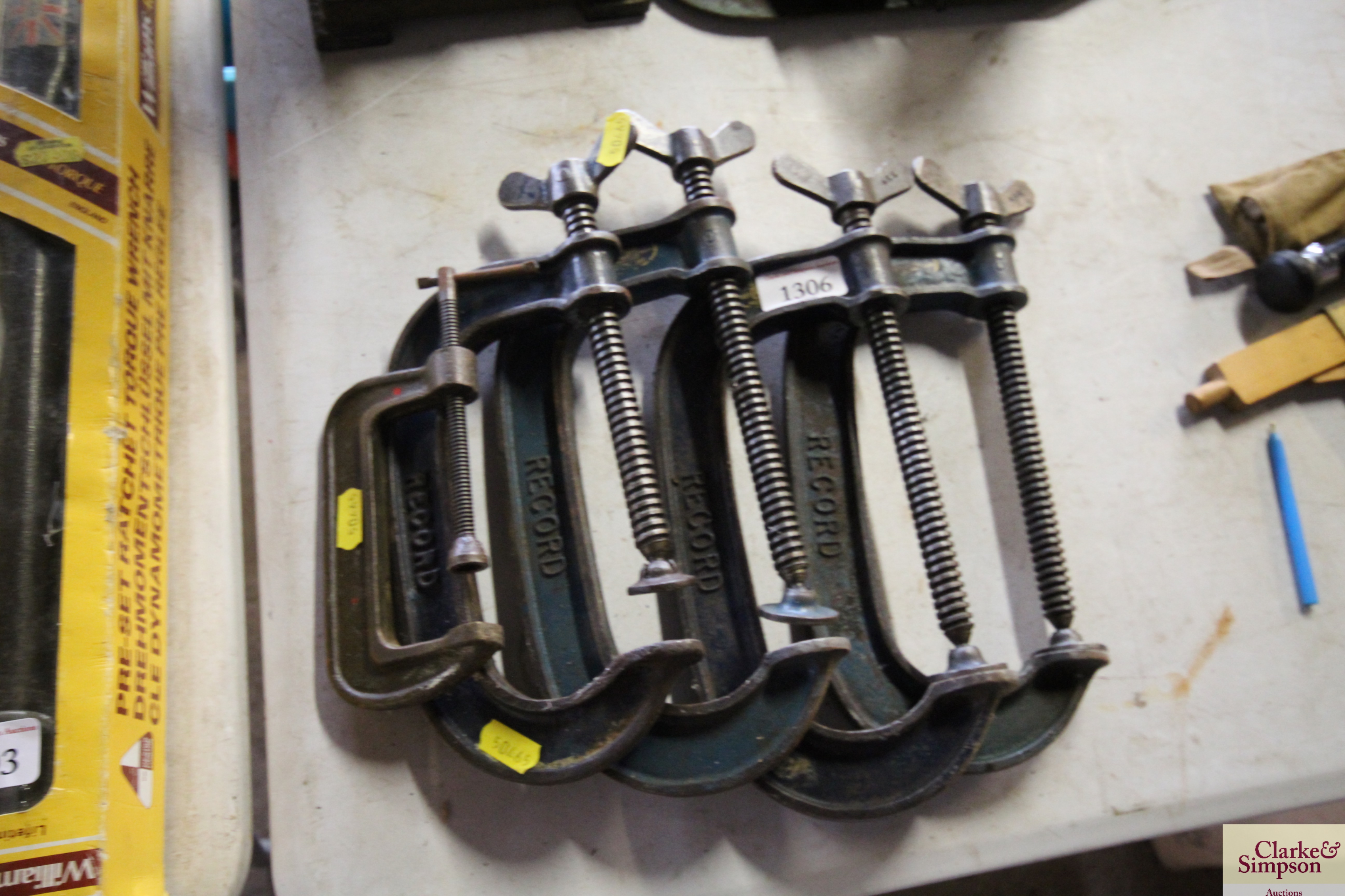 Four Record G clamps together with another G clamp