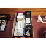 A box of various costume jewellery including Pando