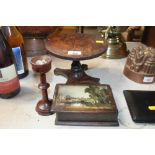 A miniature snap top table; wooden trinket box and