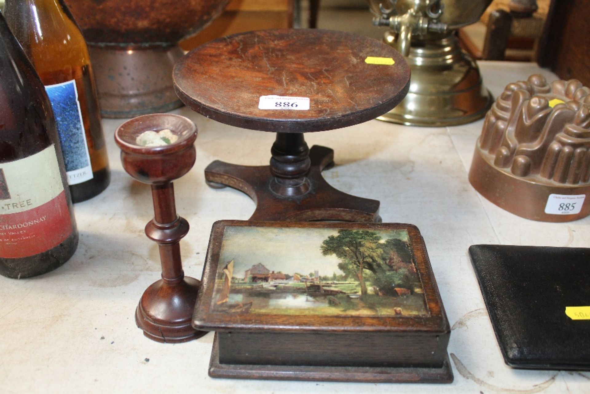 A miniature snap top table; wooden trinket box and