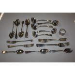 A box of various silver cutlery, including spoons,