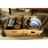 Two boxes of various kitchenalia to include a wood