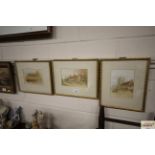 Three watercolours depicting thatched cottage, far