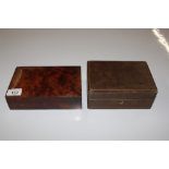 A leather covered jewellery box and a burr wood tr