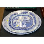 A Victorian blue and white willow patterned meat p