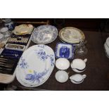 Various blue and white meat plates, teaware etc.