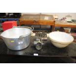 A preserve pan; mixing bowl and mincer