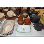 Two Le Creuset cooking dishes; various pottery and