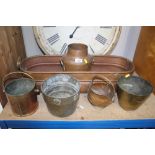 A copper planter; various copper pots; brass pots