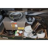 Two boxes of kitchenalia to include stainless stee