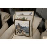 Three framed embroideries depicting rural scenes