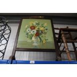 An oil on board oak framed fire screen