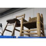 A wooden and wicker child's chair together with an