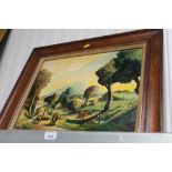 An oak framed oil on board depicting a rural lands