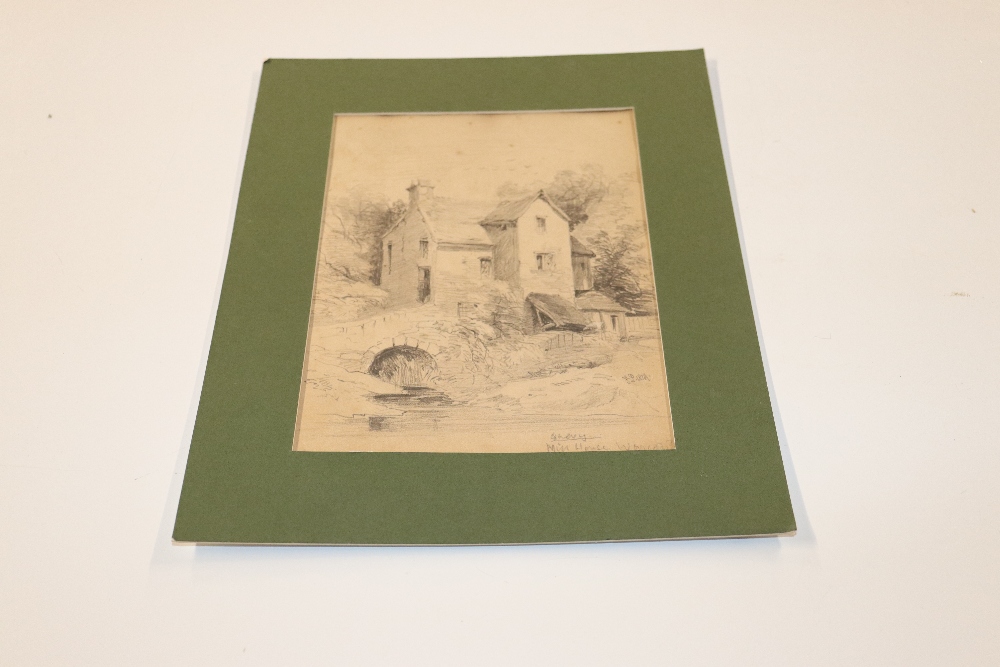 An unframed pencil drawing of a mill, signed and dated 1849