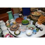 A quantity of various kitchen pottery; enamel jug