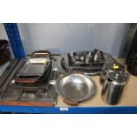 A quantity of various stainless steel trays and te