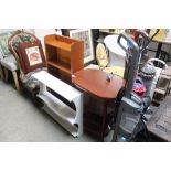 A teak open fronted bookcase together with a magaz