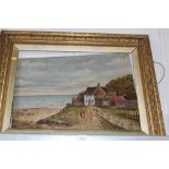 An oil on canvas depicting a beach scene, containe