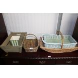 A quantity of wicker baskets, wooden trug etc.