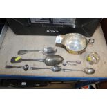 Two silver spoons, silver napkin ring and a silver