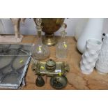 Two decanters, brass desk stand, crinoline lady be