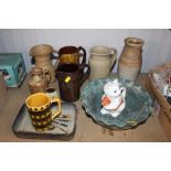 A quantity of jugs, stoneware vase, Studio Pottery