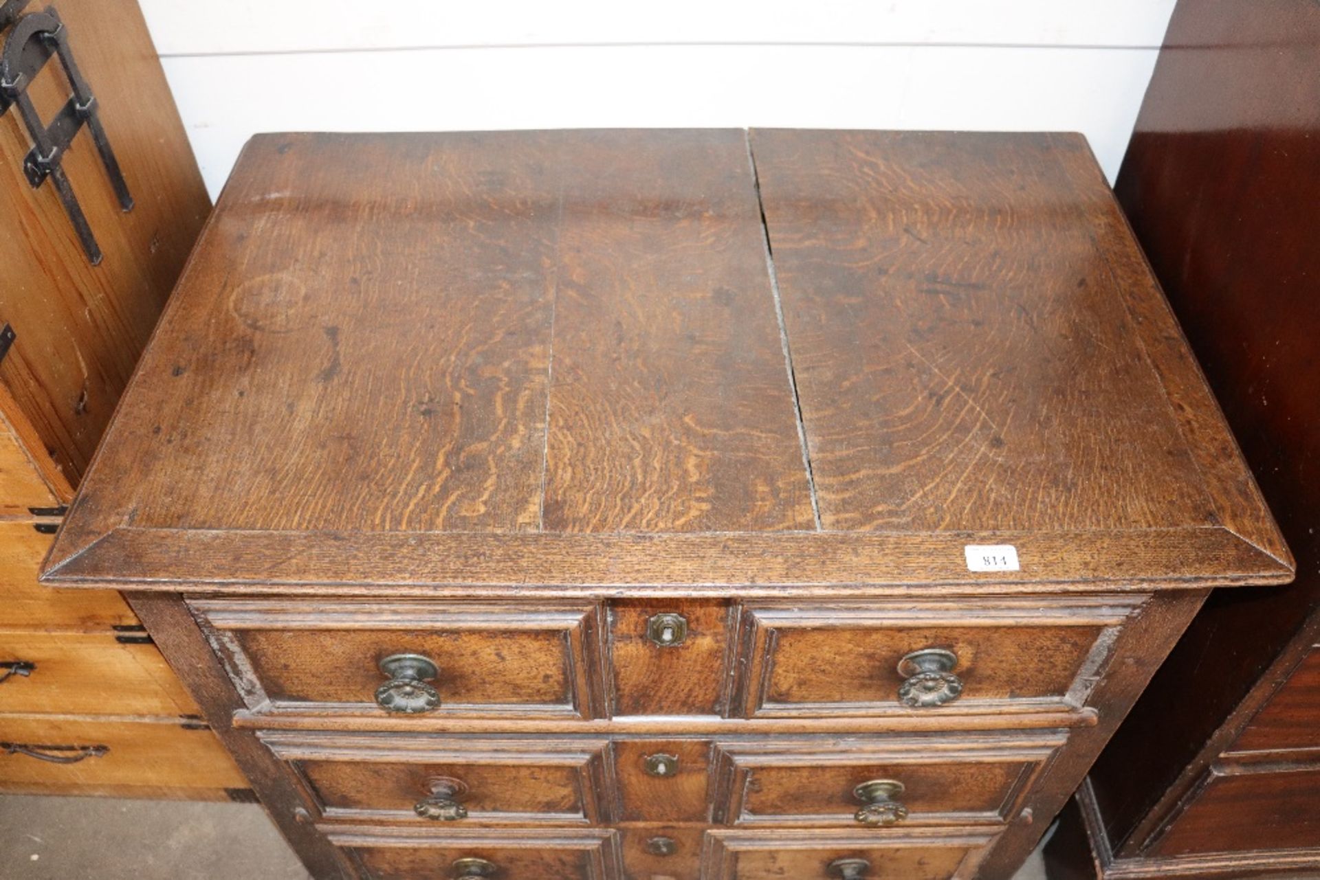 An 18th century oak chest fitted three long drawers, with moulded panel, fronts and sides, 94cm - Image 2 of 3