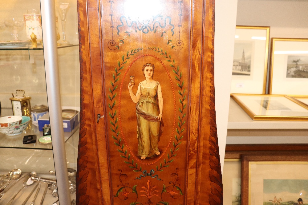 A late 19th century satinwood longcase clock, having inlaid and painted decoration of classical - Image 32 of 79